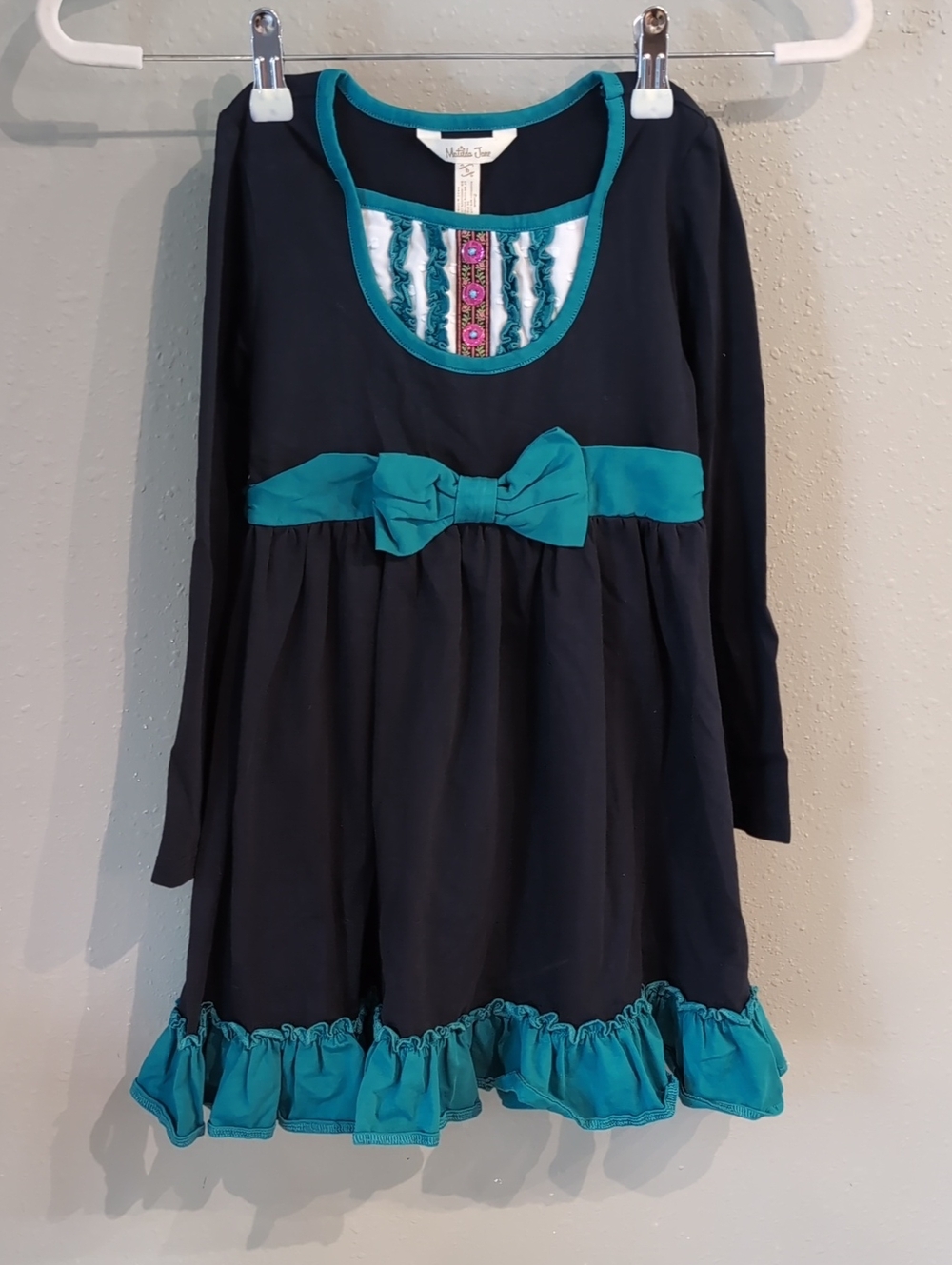 Matilda Jane Girls' Teal-Trim Navy Long-Sleeve Sense Of Wonder Dress